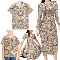 Beige Palaka Quilt Hawaii Family Matching Long Sleeve Bodycon Dress and Hawaiian Shirt Hawaiian Tropical Monstera Sea Turtle