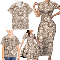 Beige Palaka Quilt Hawaii Family Matching Short Sleeve Bodycon Dress and Hawaiian Shirt Hawaiian Tropical Monstera Sea Turtle