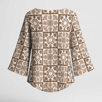 Beige Palaka Quilt Hawaii Kimono Sleeve Blouse Hawaiian Tropical Monstera Sea Turtle LT14 - Polynesian Pride