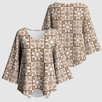 Beige Palaka Quilt Hawaii Kimono Sleeve Blouse Hawaiian Tropical Monstera Sea Turtle LT14 - Polynesian Pride