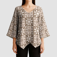 Beige Palaka Quilt Hawaii Kimono Sleeve Blouse Hawaiian Tropical Monstera Sea Turtle LT14 - Polynesian Pride