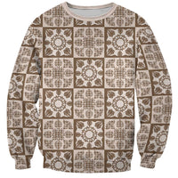 Beige Palaka Quilt Hawaii Sweatshirt Hawaiian Tropical Monstera Sea Turtle