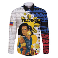 Personalised Philippines Women's Day Family Matching Long Sleeve Bodycon Dress and Hawaiian Shirt Filipino Golden Sun With Polynesian Pattern LT14 Dad's Shirt - Long Sleeve Red - Polynesian Pride