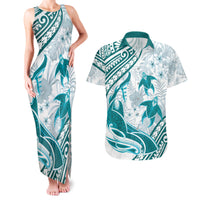 Cyan Polynesia Couples Matching Tank Maxi Dress and Hawaiian Shirt Polynesian Turtle Shark Tattoo Tropical Vintage LT14 Cyan - Polynesian Pride