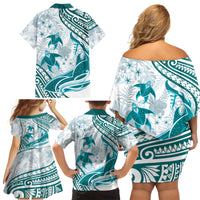 Cyan Polynesia Family Matching Off Shoulder Short Dress and Hawaiian Shirt Polynesian Turtle Shark Tattoo Tropical Vintage LT14 - Polynesian Pride