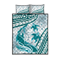Cyan Polynesia Quilt Bed Set Polynesian Turtle Shark Tattoo Tropical Vintage