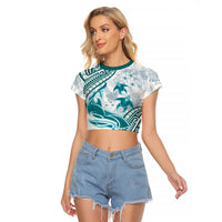 Cyan Polynesia Raglan Cropped T Shirt Polynesian Turtle Shark Tattoo Tropical Vintage LT14 Female Cyan - Polynesian Pride