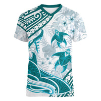 Cyan Polynesia Women V Neck T Shirt Polynesian Turtle Shark Tattoo Tropical Vintage LT14 Female Cyan - Polynesian Pride