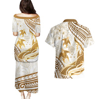Gold Polynesia Couples Matching Puletasi and Hawaiian Shirt Polynesian Turtle Shark Tattoo Tropical Vintage LT14 - Polynesian Pride