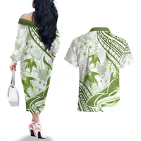 Lime Green Polynesia Couples Matching Off The Shoulder Long Sleeve Dress and Hawaiian Shirt Polynesian Turtle Shark Tattoo Tropical Vintage LT14 - Polynesian Pride
