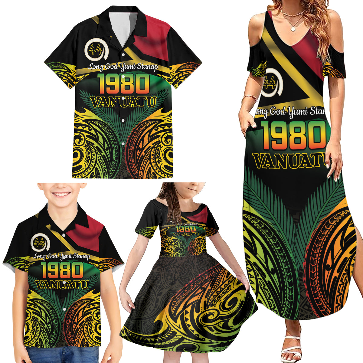 Vanuatu 1980 Family Matching Summer Maxi Dress and Hawaiian Shirt Hapi 44 Yia Indipendens Anivesari