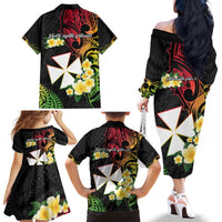 Wallis and Futuna Victory Day Family Matching Off The Shoulder Long Sleeve Dress and Hawaiian Shirt Liberty Equality Fraternity Polynesian Plumeria