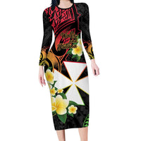 Wallis and Futuna Victory Day Long Sleeve Bodycon Dress Liberty Equality Fraternity Polynesian Plumeria