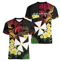 Wallis and Futuna Victory Day Women V-Neck T-Shirt Liberty Equality Fraternity Polynesian Plumeria