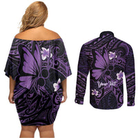 Personalised Fibromyalgia Awareness Month Couples Matching Off Shoulder Short Dress and Long Sleeve Button Shirt Fibro Warrior Strength In Every Struggle LT14 - Polynesian Pride
