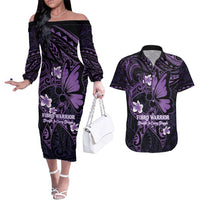 Personalised Fibromyalgia Awareness Month Couples Matching Off The Shoulder Long Sleeve Dress and Hawaiian Shirt Fibro Warrior Strength In Every Struggle