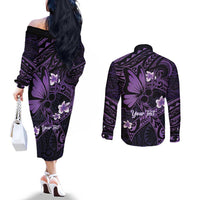 Personalised Fibromyalgia Awareness Month Couples Matching Off The Shoulder Long Sleeve Dress and Long Sleeve Button Shirt Fibro Warrior Strength In Every Struggle