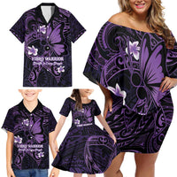 Personalised Fibromyalgia Awareness Month Family Matching Off Shoulder Short Dress and Hawaiian Shirt Fibro Warrior Strength In Every Struggle