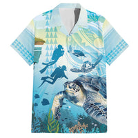 Personalized Snorkeling Hawaii Family Matching Off Shoulder Short Dress and Hawaiian Shirt Ocean Lover Hawaiian Kakau Honu Turtle LT14 Dad's Shirt - Short Sleeve Cyan - Polynesian Pride