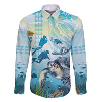 Personalized Snorkeling Hawaii Family Matching Summer Maxi Dress and Hawaiian Shirt Ocean Lover Hawaiian Kakau Honu Turtle LT14 Dad's Shirt - Long Sleeve Cyan - Polynesian Pride