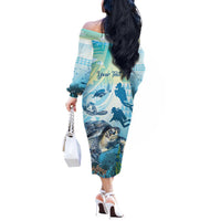 Personalized Snorkeling Hawaii Off The Shoulder Long Sleeve Dress Ocean Lover Hawaiian Kakau Honu Turtle