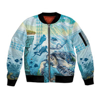 Personalized Snorkeling Hawaii Sleeve Zip Bomber Jacket Ocean Lover Hawaiian Kakau Honu Turtle LT14 Unisex Cyan - Polynesian Pride