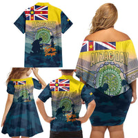 Niue ANZAC Day Family Matching Off Shoulder Short Dress and Hawaiian Shirt We Will Remember Them Camouflage Style