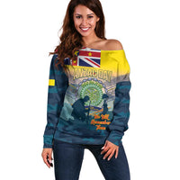 Niue ANZAC Day Off Shoulder Sweater We Will Remember Them Camouflage Style