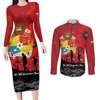 Tonga ANZAC Day Couples Matching Long Sleeve Bodycon Dress and Long Sleeve Button Shirt Ngatu Pattern We Will Remember Them LT14 Red - Polynesian Pride