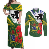 Cook Islands ANZAC Day Couples Matching Off Shoulder Maxi Dress and Long Sleeve Button Shirt Last Post Lest We Forget