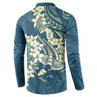 Cyan Polynesia Hammerhead Shark Tattoo With Plumeria Lei Button Sweatshirt LT14 - Polynesian Pride
