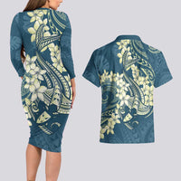 Cyan Polynesia Hammerhead Shark Tattoo With Plumeria Lei Couples Matching Long Sleeve Bodycon Dress and Hawaiian Shirt