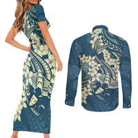 Cyan Polynesia Hammerhead Shark Tattoo With Plumeria Lei Couples Matching Short Sleeve Bodycon Dress and Long Sleeve Button Shirt
