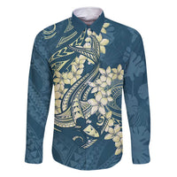 Cyan Polynesia Hammerhead Shark Tattoo With Plumeria Lei Family Matching Long Sleeve Bodycon Dress and Hawaiian Shirt