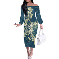 Cyan Polynesia Hammerhead Shark Tattoo With Plumeria Lei Family Matching Off The Shoulder Long Sleeve Dress and Hawaiian Shirt