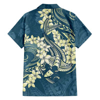 Cyan Polynesia Hammerhead Shark Tattoo With Plumeria Lei Family Matching Off Shoulder Short Dress and Hawaiian Shirt
