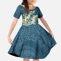 Cyan Polynesia Hammerhead Shark Tattoo With Plumeria Lei Family Matching Short Sleeve Bodycon Dress and Hawaiian Shirt