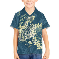 Cyan Polynesia Hammerhead Shark Tattoo With Plumeria Lei Family Matching Summer Maxi Dress and Hawaiian Shirt