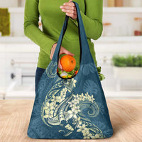 Cyan Polynesia Hammerhead Shark Tattoo With Plumeria Lei Grocery Bag