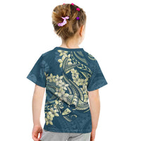 Cyan Polynesia Hammerhead Shark Tattoo With Plumeria Lei Kid T Shirt
