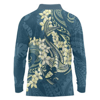 Cyan Polynesia Hammerhead Shark Tattoo With Plumeria Lei Long Sleeve Polo Shirt