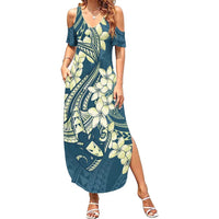 Cyan Polynesia Hammerhead Shark Tattoo With Plumeria Lei Summer Maxi Dress