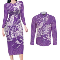Purple Polynesia Hammerhead Shark Tattoo With Plumeria Lei Couples Matching Long Sleeve Bodycon Dress and Long Sleeve Button Shirt