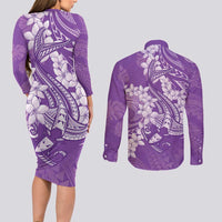 Purple Polynesia Hammerhead Shark Tattoo With Plumeria Lei Couples Matching Long Sleeve Bodycon Dress and Long Sleeve Button Shirt