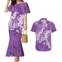 Purple Polynesia Hammerhead Shark Tattoo With Plumeria Lei Couples Matching Mermaid Dress and Hawaiian Shirt