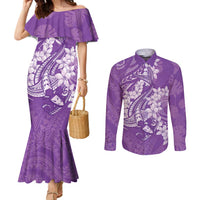 Purple Polynesia Hammerhead Shark Tattoo With Plumeria Lei Couples Matching Mermaid Dress and Long Sleeve Button Shirt