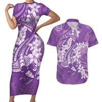 Purple Polynesia Hammerhead Shark Tattoo With Plumeria Lei Couples Matching Short Sleeve Bodycon Dress and Hawaiian Shirt