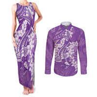 Purple Polynesia Hammerhead Shark Tattoo With Plumeria Lei Couples Matching Tank Maxi Dress and Long Sleeve Button Shirt