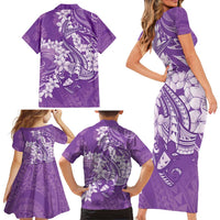 Purple Polynesia Hammerhead Shark Tattoo With Plumeria Lei Family Matching Short Sleeve Bodycon Dress and Hawaiian Shirt