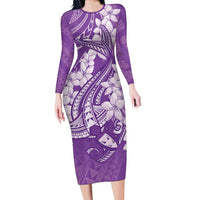 Purple Polynesia Hammerhead Shark Tattoo With Plumeria Lei Long Sleeve Bodycon Dress LT14 Long Dress Purple - Polynesian Pride
